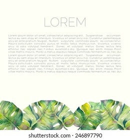 Vector abstract watercolor background with liana leaves. Design template with place for your text. Can be used for web pages, identity style, printing, invitations, banners