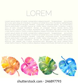 Vector abstract watercolor background with liana leaves. Design template with place for your text. Can be used for web pages, identity style, printing, invitations, banners