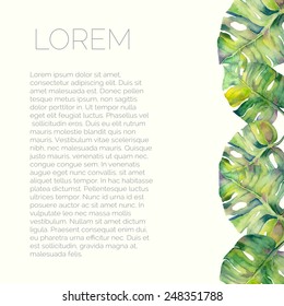 Vector abstract watercolor background with liana leaves. Design template with place for your text. Can be used for web pages, identity style, printing, invitations, banners