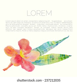 Vector abstract watercolor background with oleander leaves and flowers. Design template with place for your text. Can be used for web pages, identity style, printing, invitations, banners