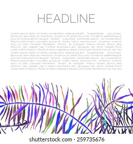 Vector abstract watercolor background with palm leaves. Design template with place for your text.