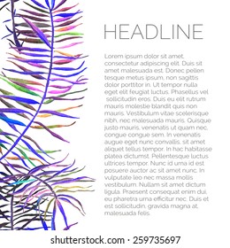 Vector abstract watercolor background with palm leaves. Design template with place for your text.