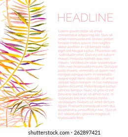 Vector abstract watercolor background with palm leaves. Design template with place for your text.