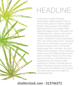 Vector abstract watercolor background with palm leaves. Tropical exotic watercolor brochure. Minimal leaflet template with cannabis leaves.