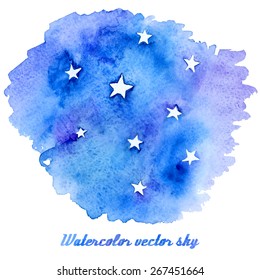 Vector abstract watercolor background with paper texture. Hand drawn night sky with stars, stain watercolors colors on wet paper. Good for invitations, scrapbooking,etc
