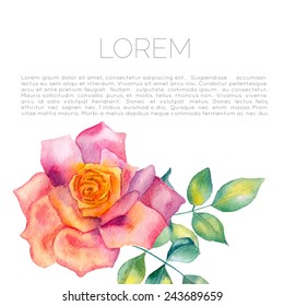 Vector abstract watercolor background with rose and leaves. Design template with place for your text. Can be used for web pages, identity style, printing, invitations, banners, cards, wrapping paper.