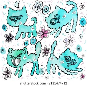 Vector abstract watercolor image of cheerful blue kittens from clouds with flowers