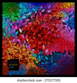 Vector abstract watercolor palette of mix colors, with a mesh of leaves on black background, stains with a spray of water colors