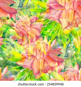 Vector abstract watercolor pattern with palm leaves, mostera leaves and ginger flowers.