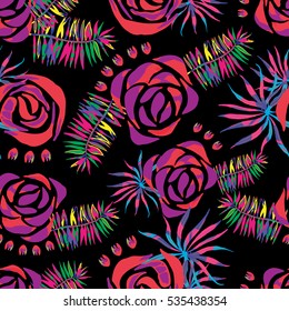 Vector abstract watercolor pattern with palm leaves and roses. Seamless pattern with tropical plants. Hawaiian exotic print for swimwear. Aloha tahiti background.