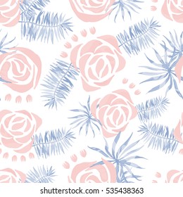 Vector abstract watercolor pattern with palm leaves and roses. Seamless pattern with tropical plants. Hawaiian exotic print for swimwear. Aloha tahiti background.