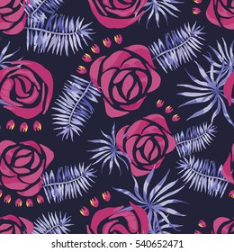 Vector abstract watercolor pattern with palm leaves and roses. Seamless pattern with tropical plants. Hawaiian exotic print for swimwear. Aloha tahiti background.