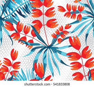 Vector abstract watercolor pattern with palm leaves and roses. Seamless pattern with tropical plants. Hawaiian exotic print for swimwear. Aloha tahiti background.