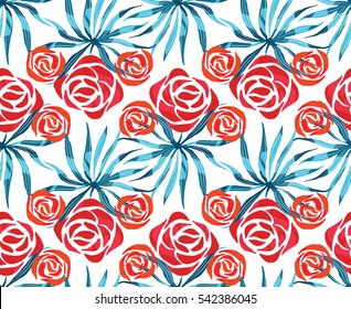 Vector abstract watercolor pattern with palm leaves and roses. Seamless pattern with tropical plants. Hawaiian exotic print for swimwear. Aloha tahiti background.