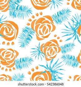Vector abstract watercolor pattern with palm leaves and roses. Seamless pattern with tropical plants. Hawaiian exotic print for swimwear. Aloha tahiti background.