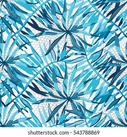 Vector abstract watercolor pattern with palm leaves and roses. Seamless pattern with tropical plants. Hawaiian exotic print for swimwear. Aloha tahiti background.