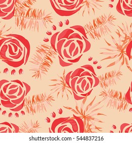 Vector abstract watercolor pattern with palm leaves and roses. Seamless pattern with tropical plants. Hawaiian exotic print for swimwear. Aloha tahiti background.