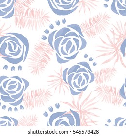 Vector abstract watercolor pattern with palm leaves and roses. Seamless pattern with tropical plants. Hawaiian exotic print for swimwear. Aloha tahiti background.
