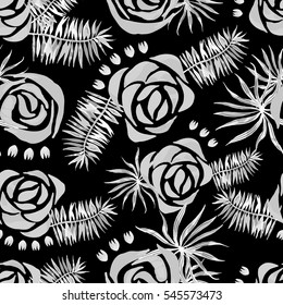 Vector abstract watercolor pattern with palm leaves and roses. Seamless pattern with tropical plants. Hawaiian exotic print for swimwear. Aloha tahiti background.