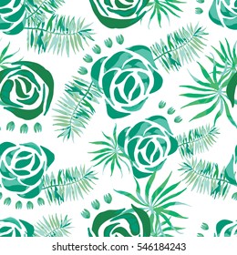 Vector abstract watercolor pattern with palm leaves and roses. Seamless pattern with tropical plants. Hawaiian exotic print for swimwear. Aloha tahiti background.