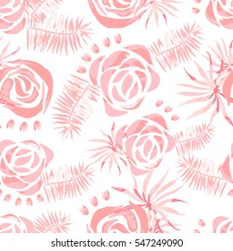 Vector abstract watercolor pattern with palm leaves and roses. Seamless pattern with tropical plants. Hawaiian exotic print for swimwear. Aloha tahiti background.