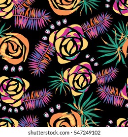 Vector abstract watercolor pattern with palm leaves and roses. Seamless pattern with tropical plants. Hawaiian exotic print for swimwear. Aloha tahiti background.