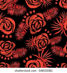 Vector abstract watercolor pattern with palm leaves and roses. Seamless pattern with tropical plants. Hawaiian exotic print for swimwear. Aloha tahiti background.
