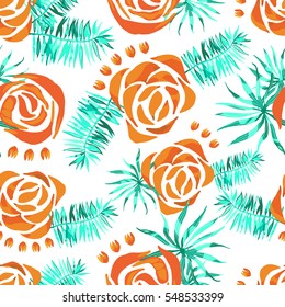 Vector abstract watercolor pattern with palm leaves and roses. Seamless pattern with tropical plants. Hawaiian exotic print for swimwear. Aloha tahiti background.