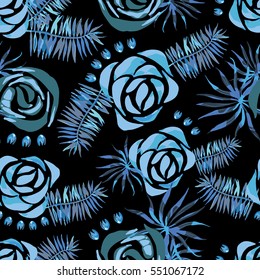 Vector abstract watercolor pattern with palm leaves and roses. Seamless pattern with tropical plants. Hawaiian exotic print for swimwear. Aloha tahiti background.