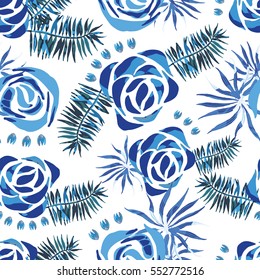 Vector abstract watercolor pattern with palm leaves and roses. Seamless pattern with tropical plants. Hawaiian exotic print for swimwear. Aloha tahiti background.