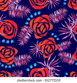 Vector abstract watercolor pattern with palm leaves and roses. Seamless pattern with tropical plants. Hawaiian exotic print for swimwear. Aloha tahiti background.