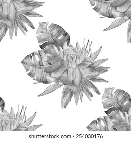 Vector abstract watercolor patterns with palm leaves, mostera leaves and ginger flowers. Can be used for web pages, identity style, printing, invitations, banners, cards, leaflets.