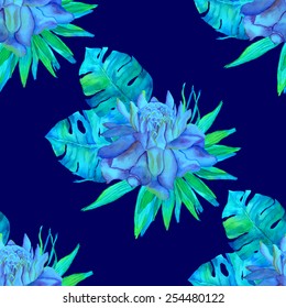 Vector abstract watercolor patterns with palm leaves, mostera leaves and ginger flowers. Design template with place for your text. 