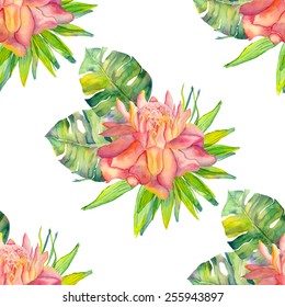 Vector abstract watercolor patterns with palm leaves, mostera leaves and ginger flowers. 