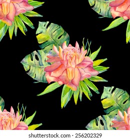 Vector abstract watercolor patterns with palm leaves, mostera leaves and ginger flowers. 