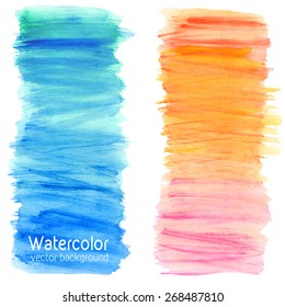 Vector abstract watercolor splash background with paper texture. Hand drawn watercolor backdrop, stain watercolors colors on wet paper. Good for invitations, scrapbooking, banners, tags, labels, etc