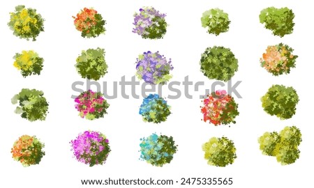 Vector of abstract watercolor tree top view isolated on white background for landscape plan and architecture layout drawing, elements for environment and garden,blossom grass,flower blooming