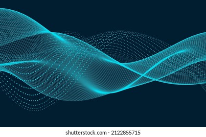 Vector abstract wave design. Futuristic particle concept with blue dotted lines and smooth low poly grid, oscillating and floating on dark background.