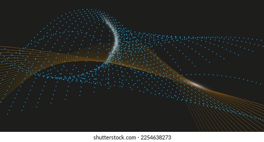 Vector abstract wave design. Futuristic particle concept with blue dotted line and smooth low poly grid, oscillating and floating on dark background.