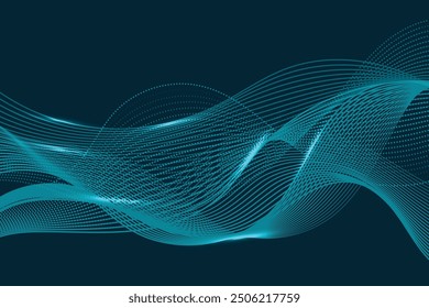 Vector abstract wave design. Futuristic particle concept with blue dotted lines and smooth low poly grid, oscillating and floating on dark background