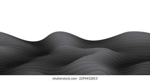 Vector abstract wave flowing dynamic paper overlay black isolated on white background in concept landscape of wave, ocean, dune, mountain