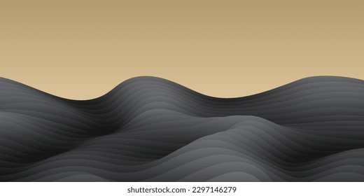 Vector abstract wave flowing dynamic paper overlay black isolated on gold gradient background in concept landscape of wave, ocean, dune, mountain