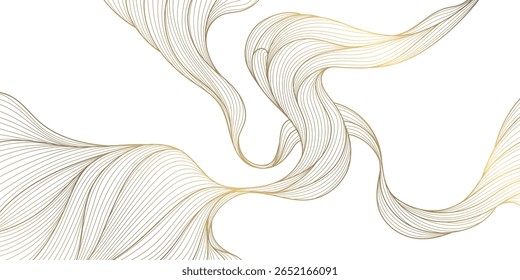 Vector abstract wave gold line background, light luxury graphic texture. Premium water, sea, river flow ornament, japanese silk elegant curve art. 