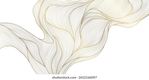 Vector abstract wave gold line background, light luxury graphic texture. Premium water, sea, river flow ornament, japanese silk elegant curve art. 