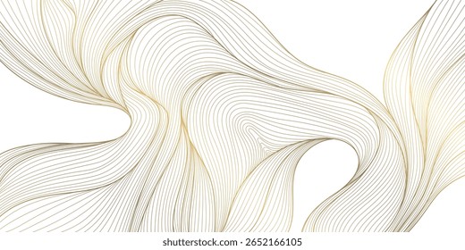 Fondo abstracto de la línea del oro de la onda del Vector, textura gráfica lujosa ligera. Agua de Premium, mar, ornamento del flujo del río, arte elegante de la curva de seda japonesa. 