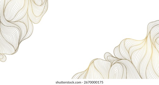Vector abstract wave golden background, line curve design banner. Luxury glitter water, dynamic elements, japanese sea ornament, flow corners ornament