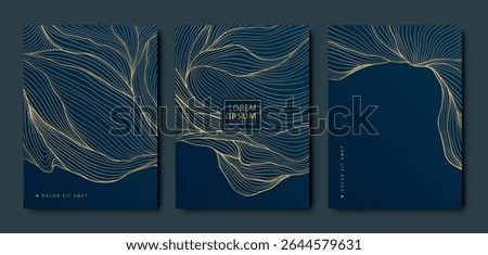 Vector abstract wave, leaves premium line pattern, gold on blue modern background. Art prestigious design cards, royal texture, organic shape