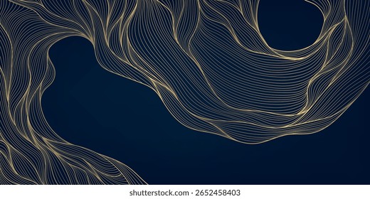 Vector abstract wave line design, curve elegant ocean background, gold on dark pattern. Flow japanese illustration, silk geometric backdrop
