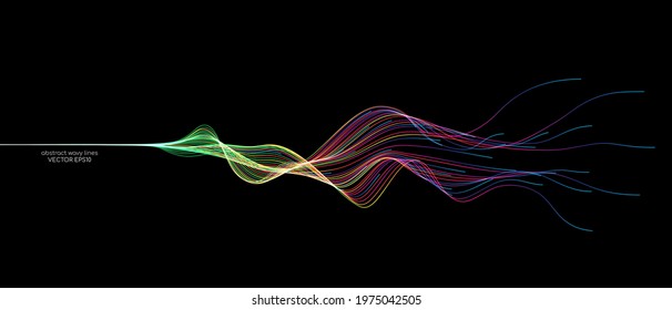 Vector abstract wave lines flowing dynamic in colorful spectrum colors isolated on black background for concept of modern, technology, digital, communication, science, music.