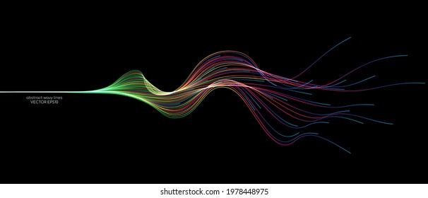 Vector abstract wave lines flowing dynamic in colorful spectrum colors isolated on black background for concept of modern, technology, digital, communication, science, music.